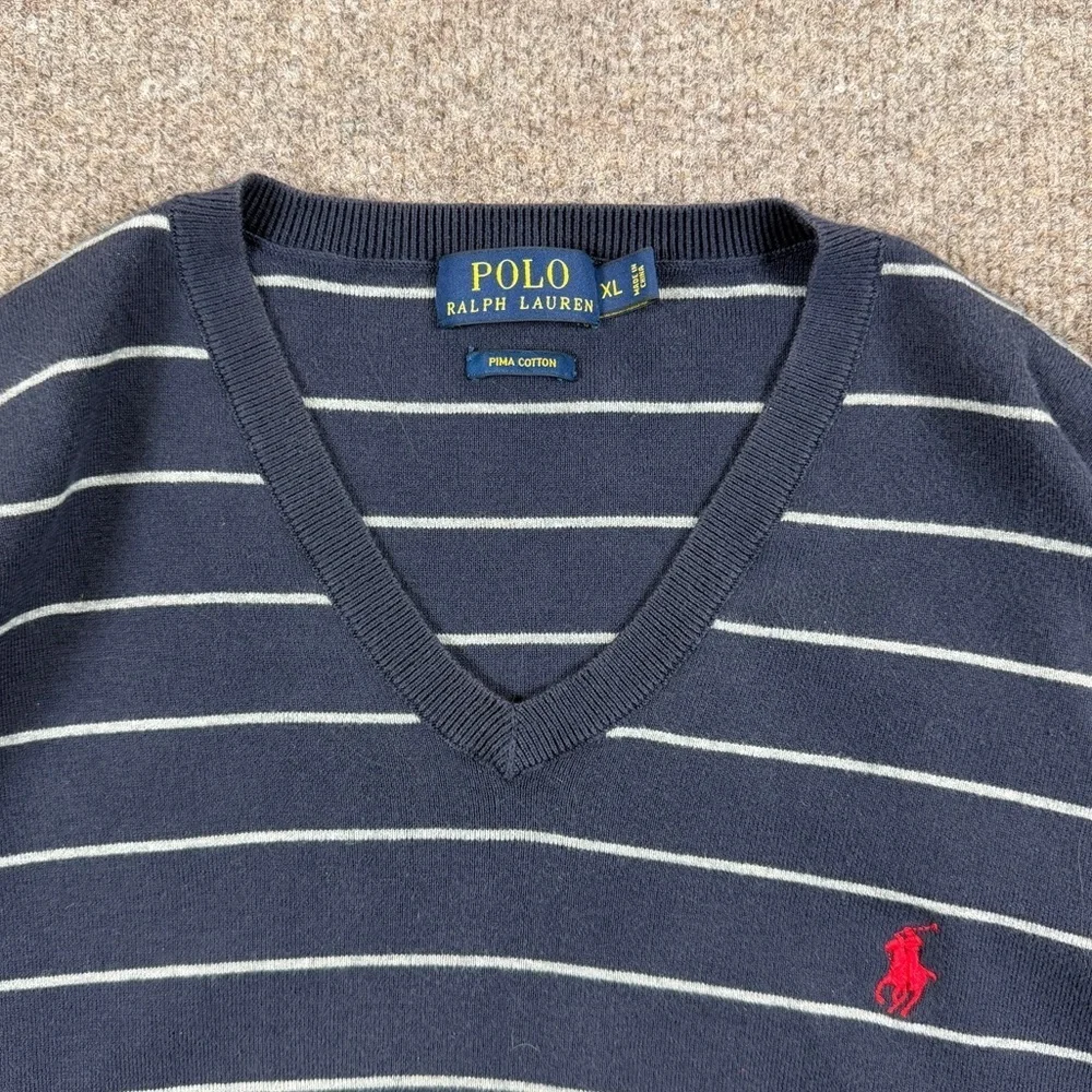 Vintage Y2K Polo Ralph Lauren Navy Striped V-Neck Cotton Sweater Men’s XL Preppy